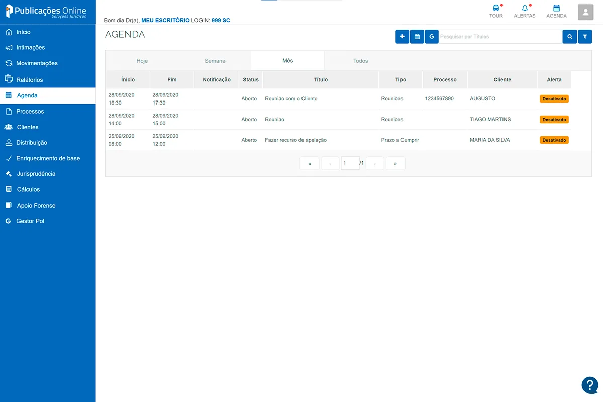 Tela de agenda no Software da POL.