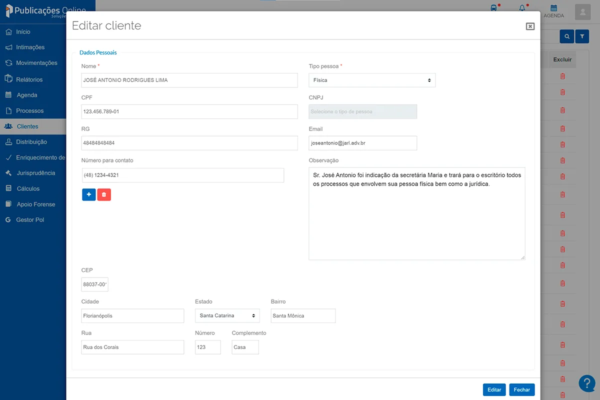 Tela de clientes no Software da POL.
