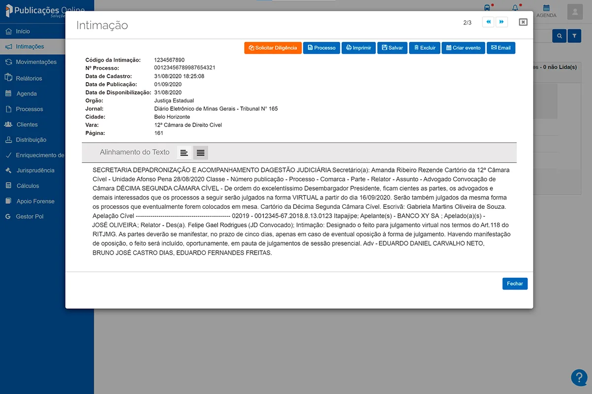 Tela de Intimações no Software da POL.