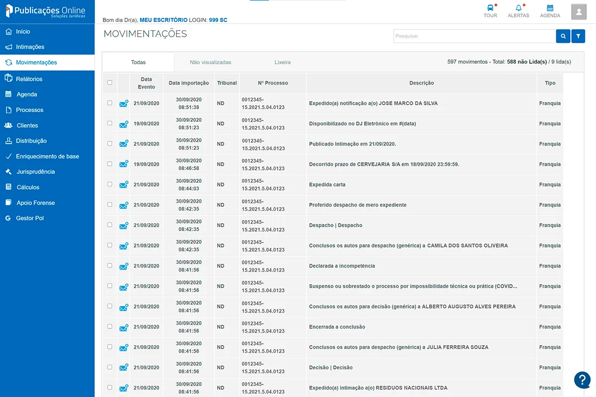 Tela de Movimentação Processual no Software da POL.