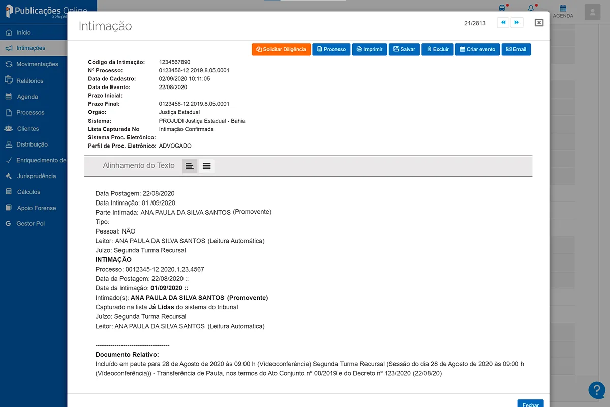 Tela de Processo Eletrônico no Software da POL.