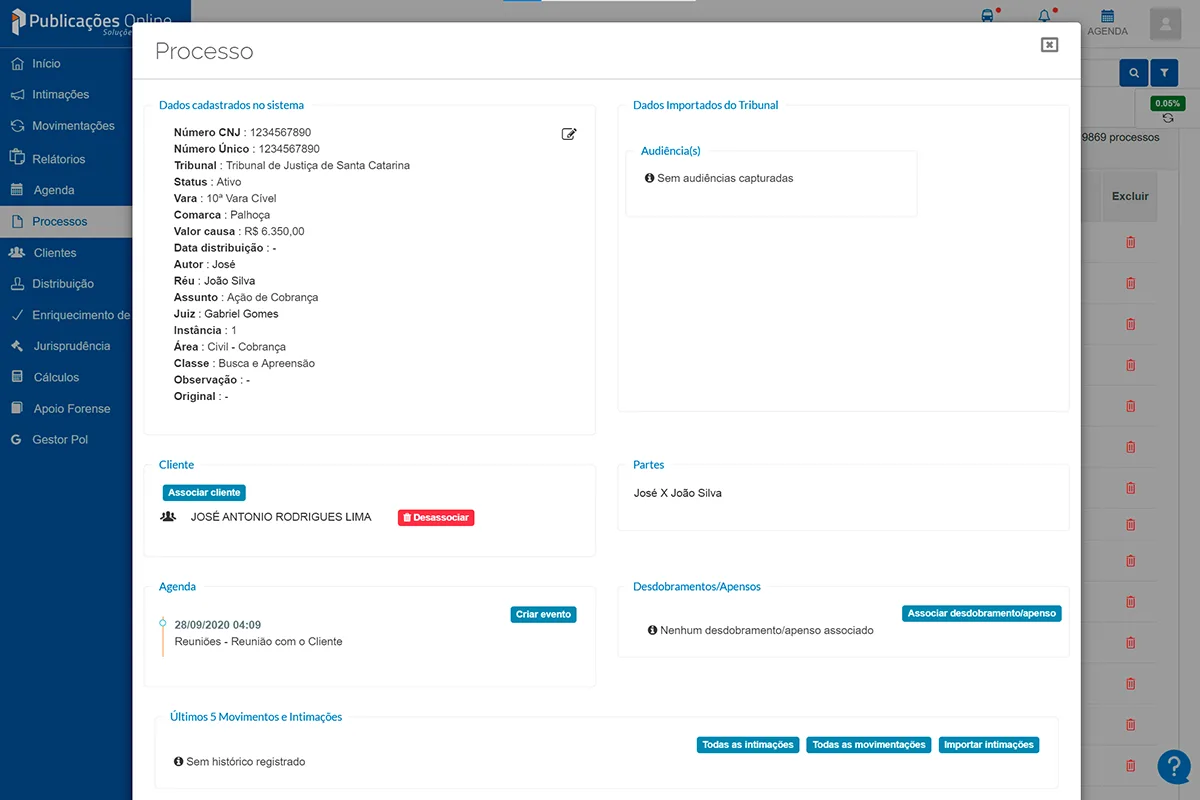 Tela de processos no Software da POL.