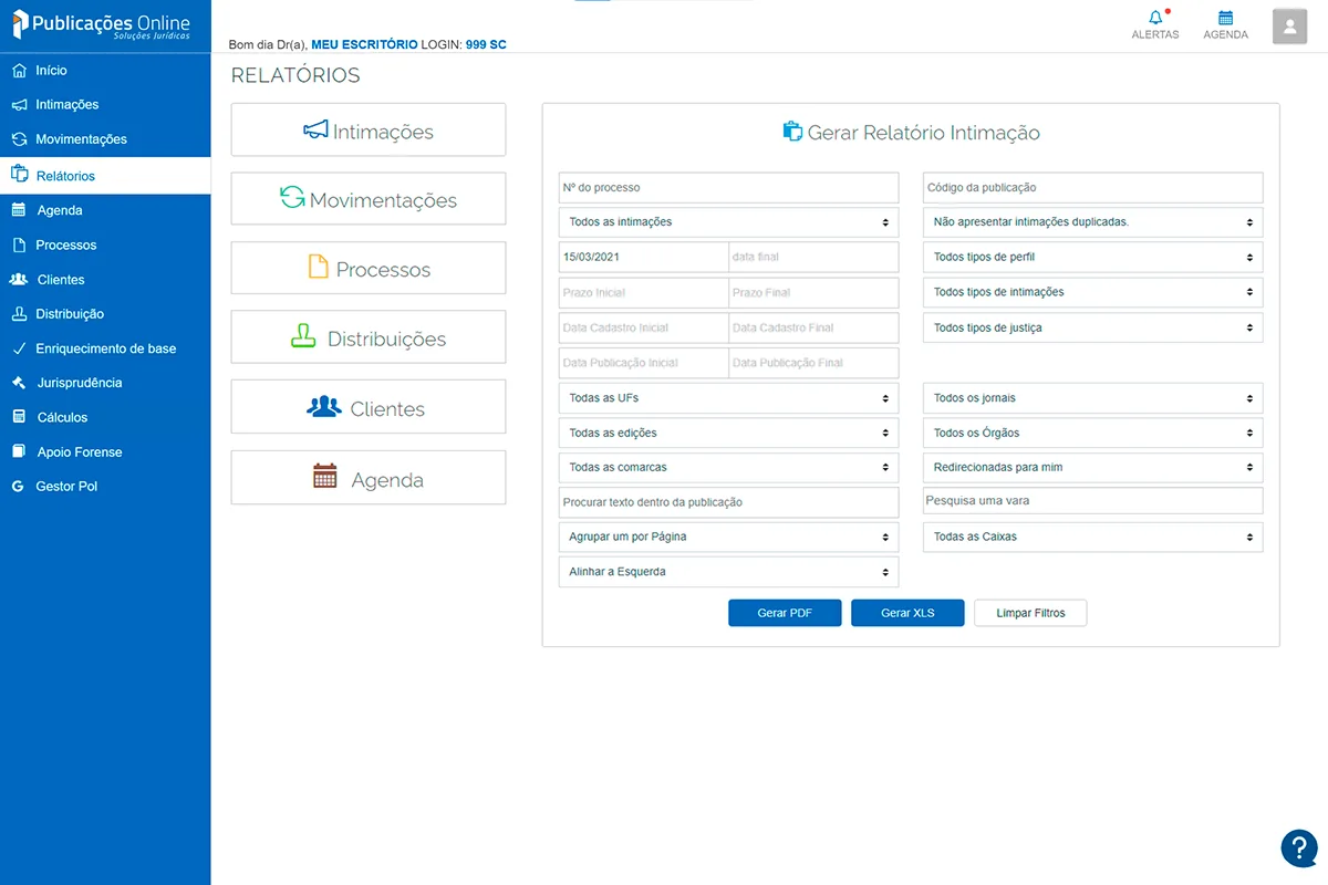 Tela de relatórios no Software da POL.
